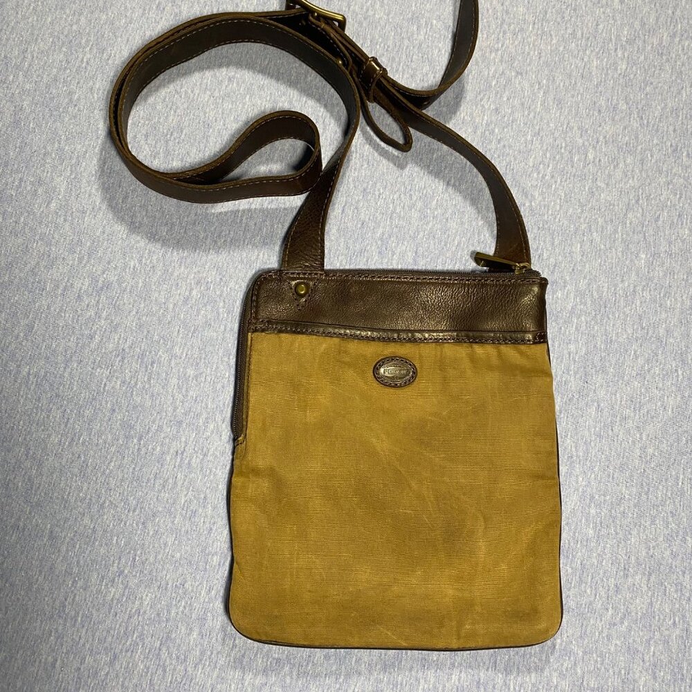 Fossil Brown Canvas & Leather Crossbody Bag 10"x9" Adjustable Strap